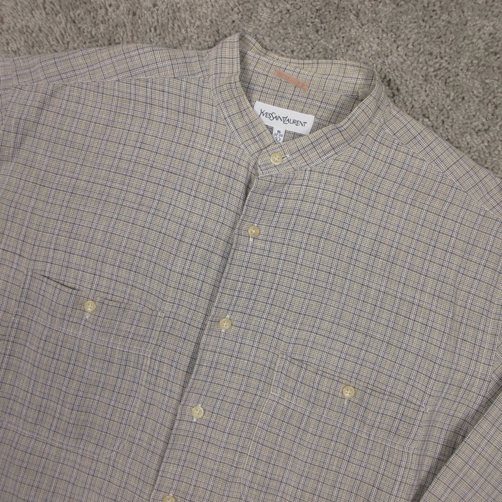 Yves Saint Laurent Shirt Mens Large Beige Plaid Band Collar Pockets Button Up - Picture 2 of 10